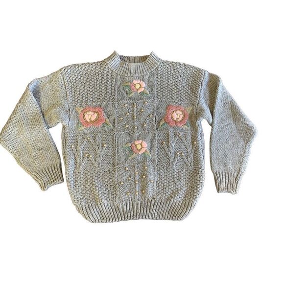 90s Designer Original Floral And Beaded Sweater Medium Vintage - Picture 1 of 9